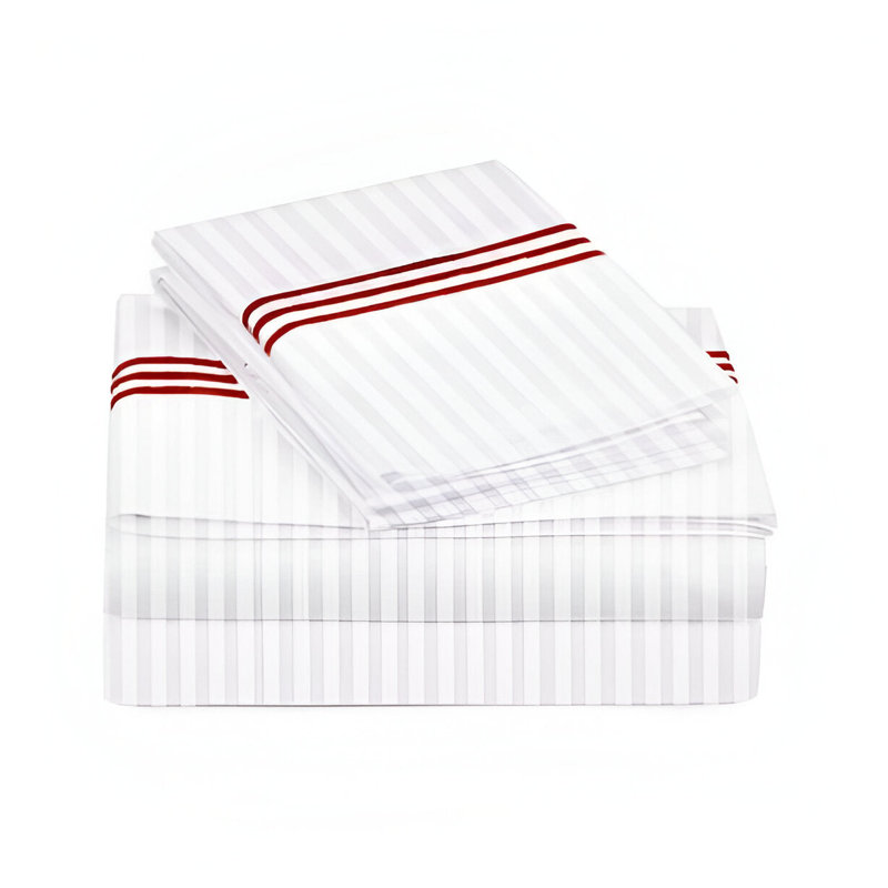 400TC Triple Embroidery Sateen Stripe Cotton 4 Piece Sheet Set Fitted Sheet Fits Upto 16" Deep Pocket, Full XL Sheet Set