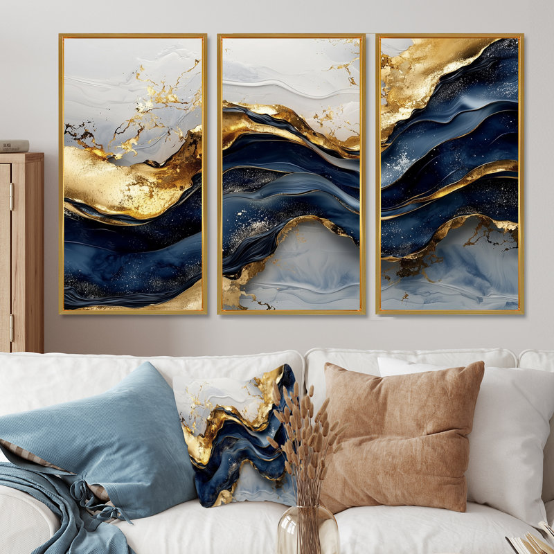«Aqua River Of Nero Marquina», art mural en marbre - ensemble de 3, H 32 po x l 48 po, Impression encadrée sans passe-partout