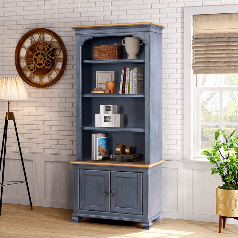 Wolfdale 84" Fully Assembled Farmhouse Bookcase with Storage Doors, Lighted Shelves & Cable Management, Coastal Tall Display Cabinet