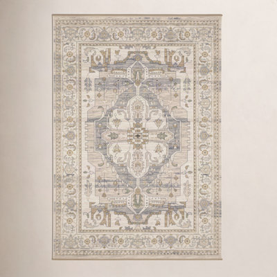 Abena Beige Gray Medallion Oriental Wool Rug