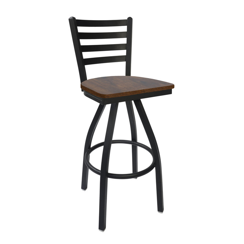 Krafton Ladder Back Swivel Barstool - Vintage Walnut Relic Seat - Steel Frame - Sand Black Finish, Walnut