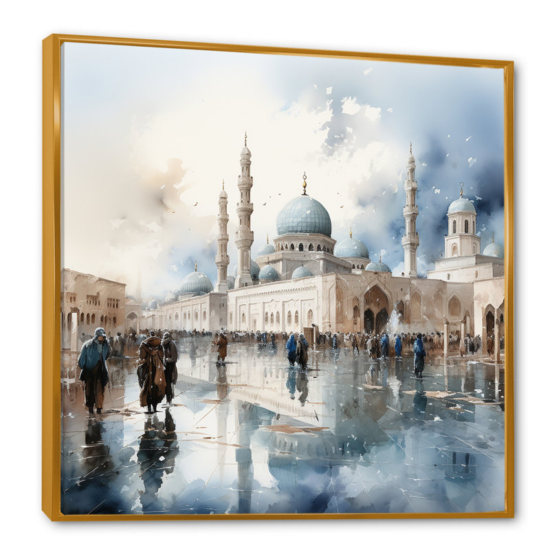 «Mosquée blanche et bleue», art mural, Cadre flottant doré, H 30 po x l 30 po x P 1,5 po