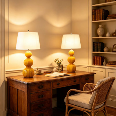 Ensemble de 2 lampes de table en céramique de 71 cm (28 po), lampes de chevet modernes à trois ampoules pouvant être réduites en forme de triple gourde, grande lampe avec abat-jour cylindrique blanc, pour chambre, salon, bureau. Ampoules non incluses.