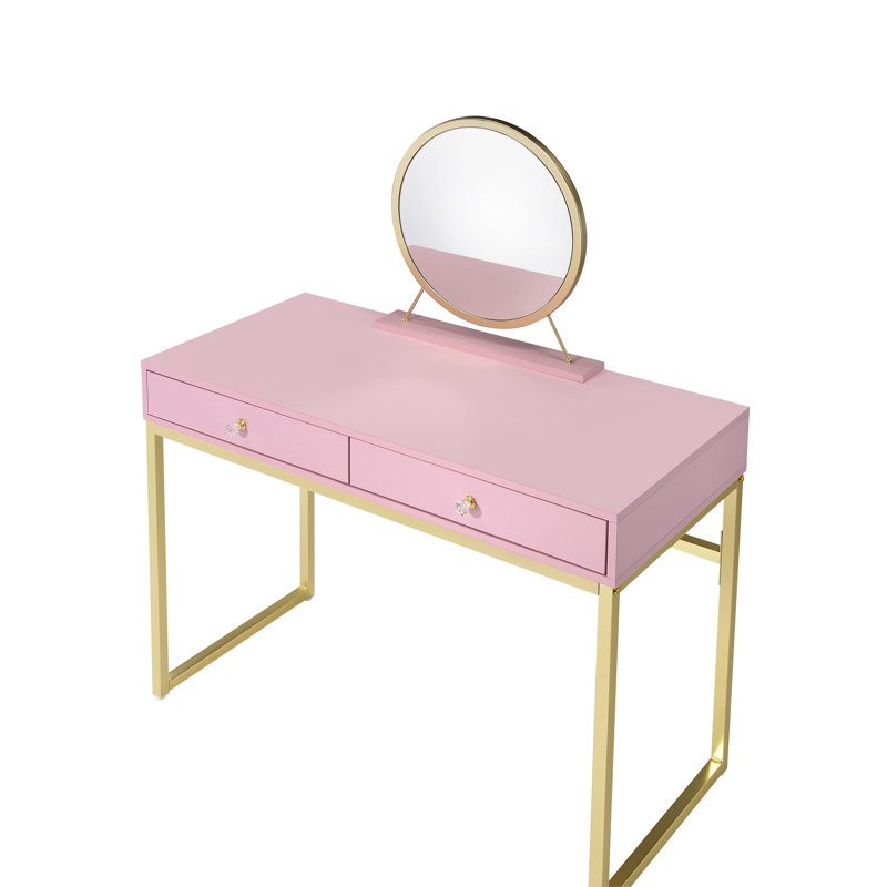 Bureau de coiffeuse à finition rose et or avec miroir et plateau à bijoux Coleen