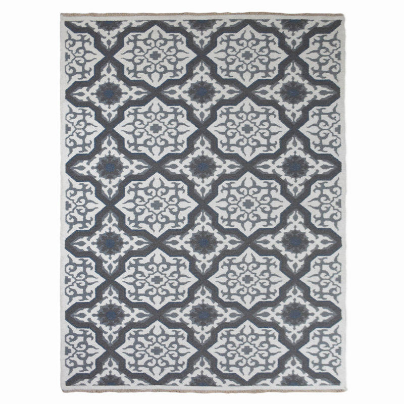 Hand Knotted Sumak Wool Contemporary White | Charcoal Rectangle Indoor Area Rug, Rectangle 6' x 9'
