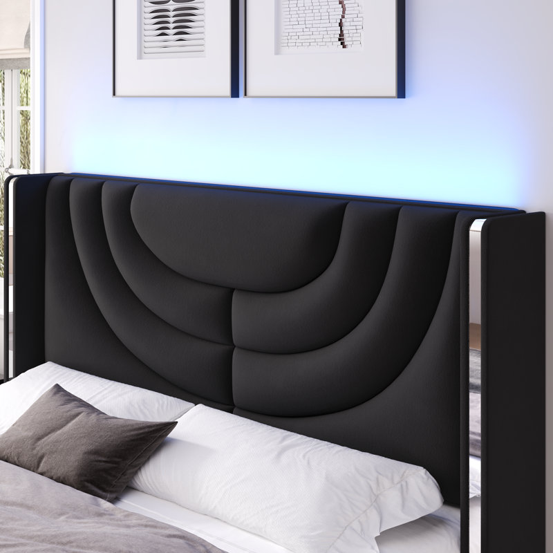 Sturminster Velvet Upholstered Wingback Storage Bed, Wall Wash LED Light Headboard, Black, Queen