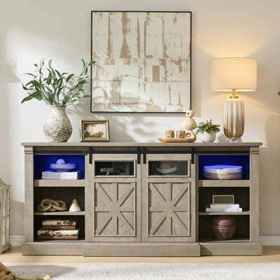Farmhouse Fireplace TV Stand – 32’’ Tall LED Entertainment Center, Fits 80 Inch Tvs, With Electric Fireplace & Sliding Barn Door/Window,Rustic Gery