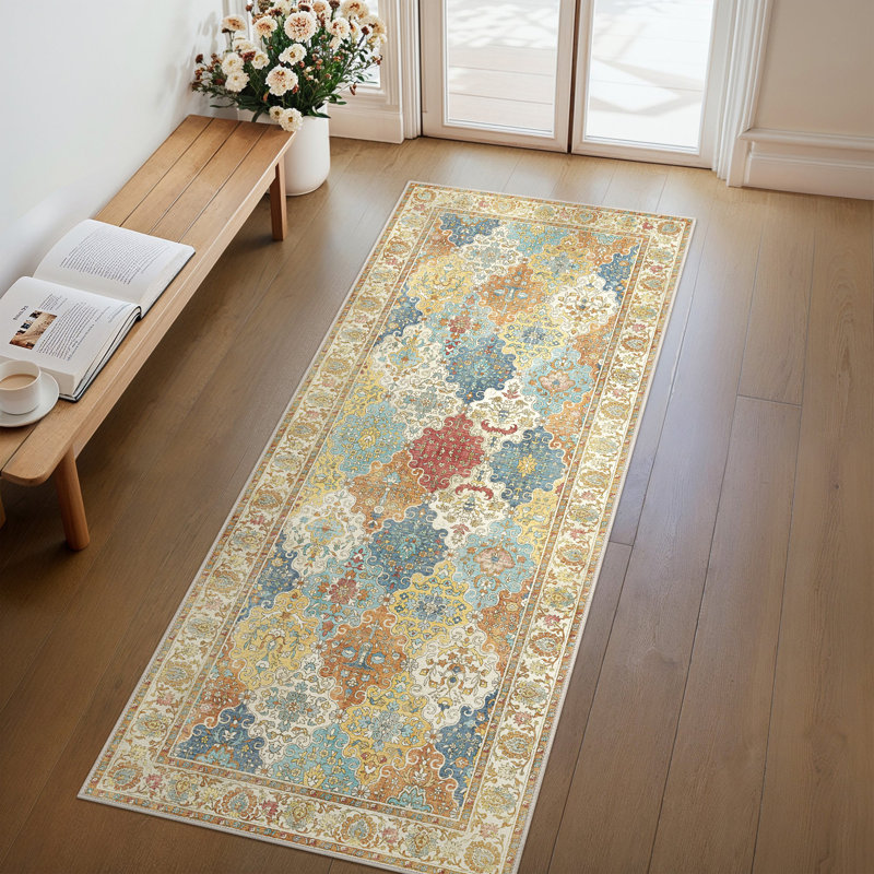 Vintage Boho Machine Washable Gold / Beige / Blue Indoor Area Rug With Non-Slip  , Runner 80 x 200 cm