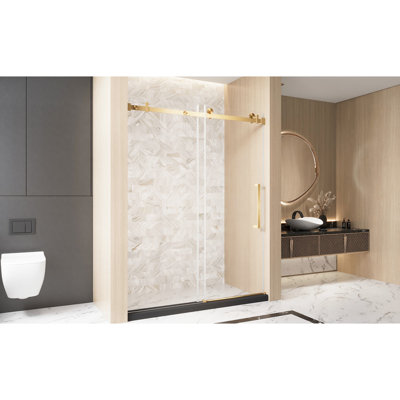Porte de douche coulissante simple American Design de l 56 à 60 po x H 76 po, verre trempé transparent de 6 mm, film de preuve, rail carré en acier inoxydable, poignée en or brossé, roues de 4,8 cm, bande inférieure
