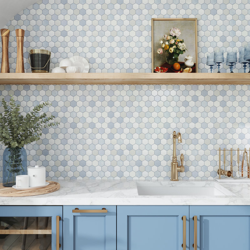 Nubes 12 x 12 Thassos, Blue Celeste, Paper White Marble Hexagon Tile (4.83 Sq Ft/Case) - 5 Pack