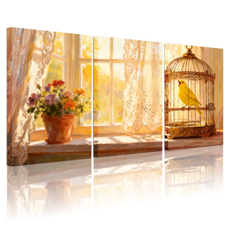 Birds Sunlit Window Birdcage Flowers, H 30 po x l 60 po