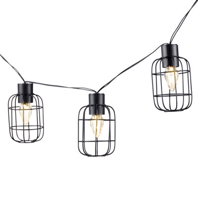 Decorative 10-Light Solar Metal Cage String Lights – 6-Foot Industrial Black Wire Outdoor Lighting with Warm White LED Bulbs