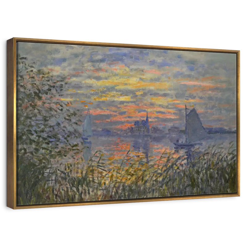 Vue marine avec coucher de soleil, Cadre flottant doré, 40 po x 27 po