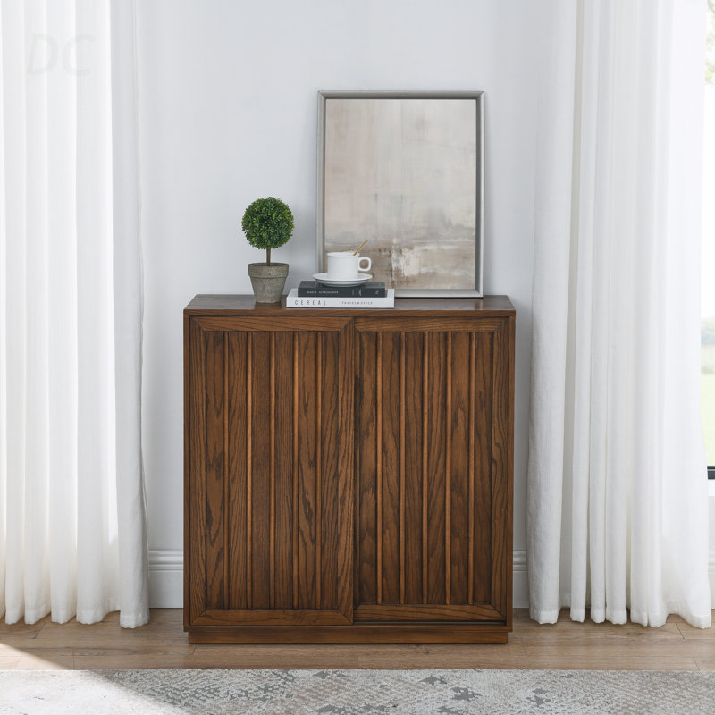 Buffet Mid-Century avec 2 portes coulissantes et bandes décoratives en bois massif, armoire de rangement pour le salon, la cuisine, la salle à manger, le vestibule, le couloir, le buffet