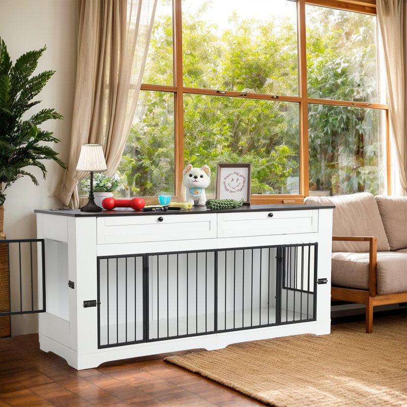 Grande cage intérieure pour chien avec cage de rangement pour chien, H 32,9 po x l 70,86 po x P 23,6 po, Blanc / Brun