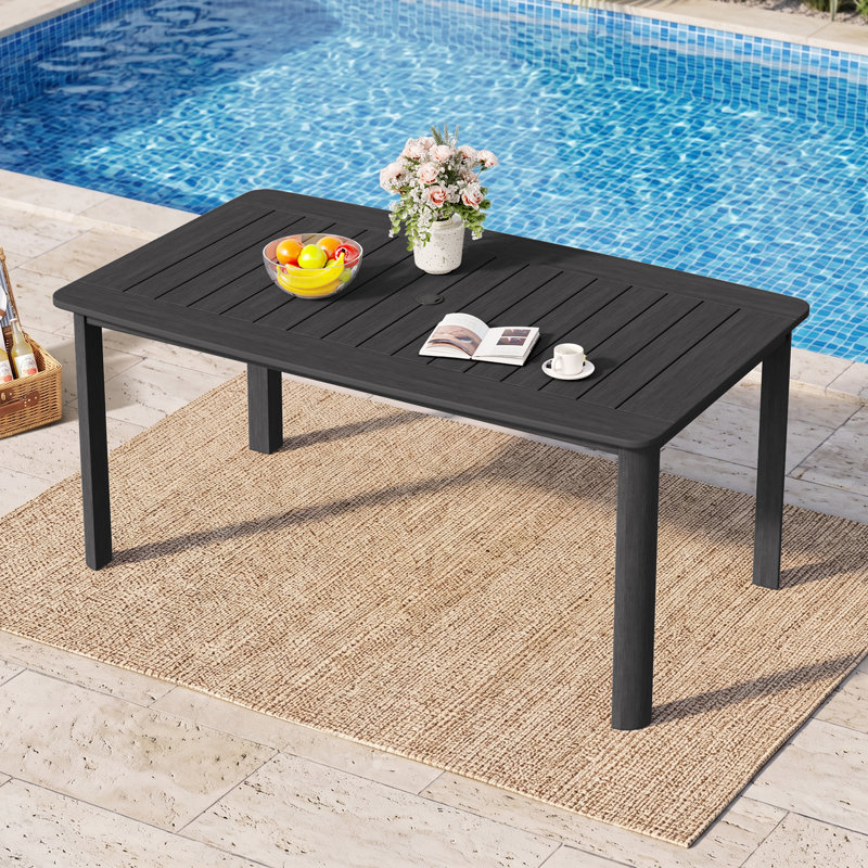 Table de jardin rectangulaire en PEHD avec trou pour parasol, noire., Noir