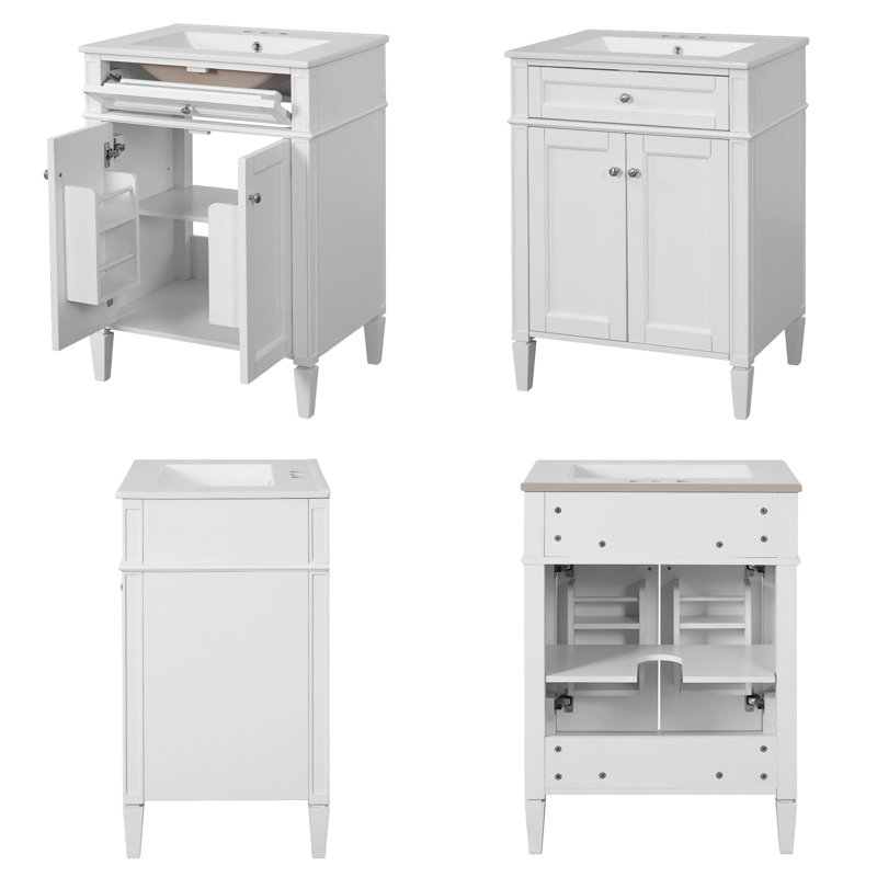 Meuble-lavabo moderne de 24 po avec lavabo en céramique - 2 portes à fermeture en douceur avec organisateurs et tiroir basculant, tablette réglable, armoire de rangement compacte pour petites salles de bain