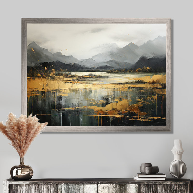 Gris et jaune, paysage de montagne abstrait IV - paysages abstraits, art mural, Cadre flottant blanc