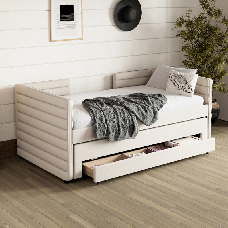 Twin Size Upholstered Daybed With Trundle And 3 Storage Drawers, Space-Saving Short-Haired Linen Fabric Sofa Bed For Guest Room, Living Room,