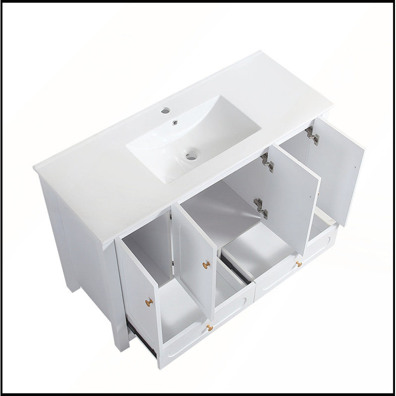 Meuble-lavabo blanc 48 po avec lavabo en résine et rangement abondant, portes et tiroirs à fermeture en douceur pour une élégance moderne