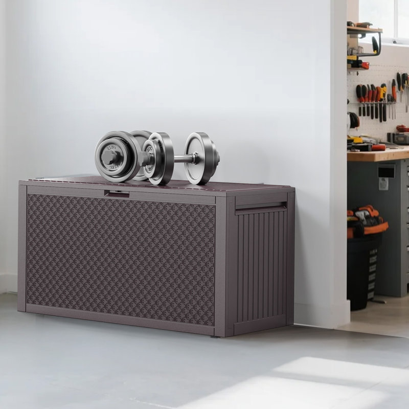 Grand coffre de terrasse verrouillable, résistant aux rayons UV, rangement pour outils et coussins, brun