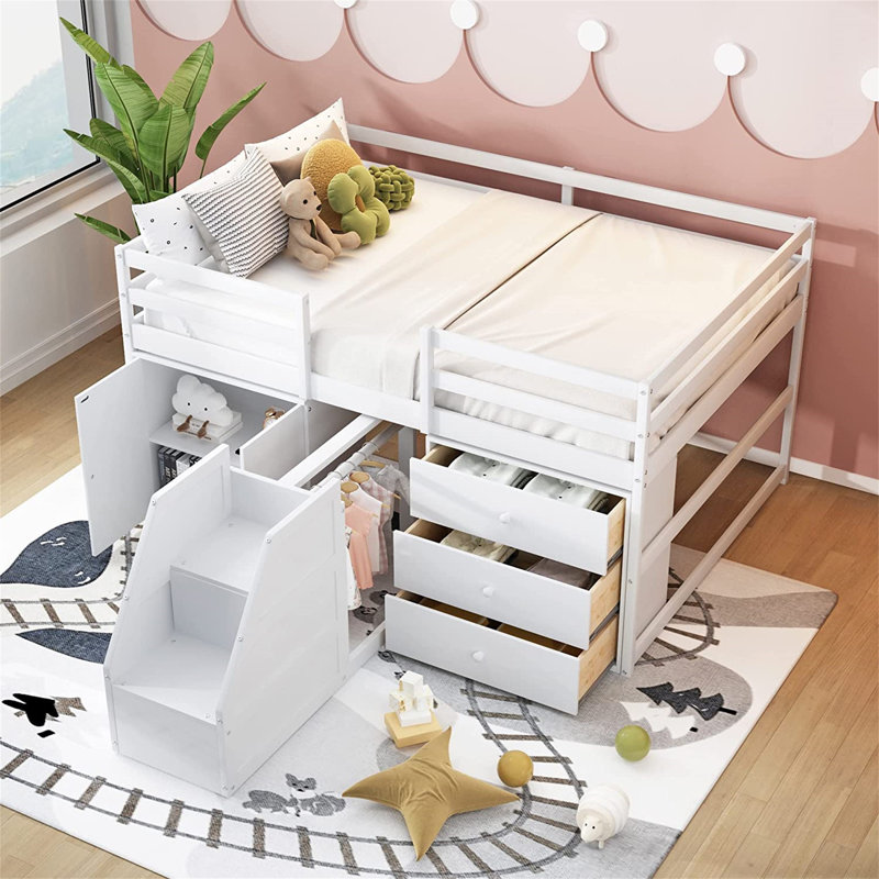 Lit mezzanine double avec armoires et tiroirs, Blanc