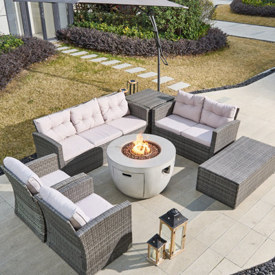Small Firepit With 1503 Wicker 7 - Person Patio Conversation Set with Cushions