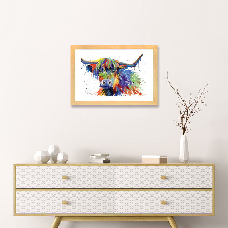 «Highland Cow Color» par Sarah Stribble - impression d'art graphique, Cadre papier naturel, H 16 po x l 24 po x P 1 po