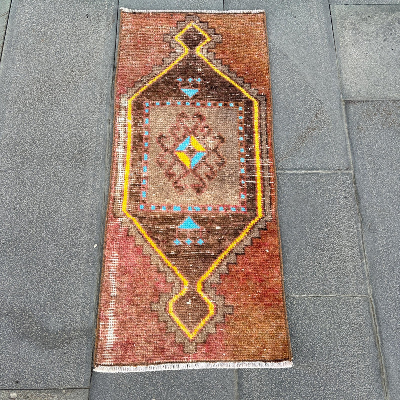 Handwoven Turkish Tribal Design Vintage Runner Rug in Warm Brown Tones for Bohemian Decor