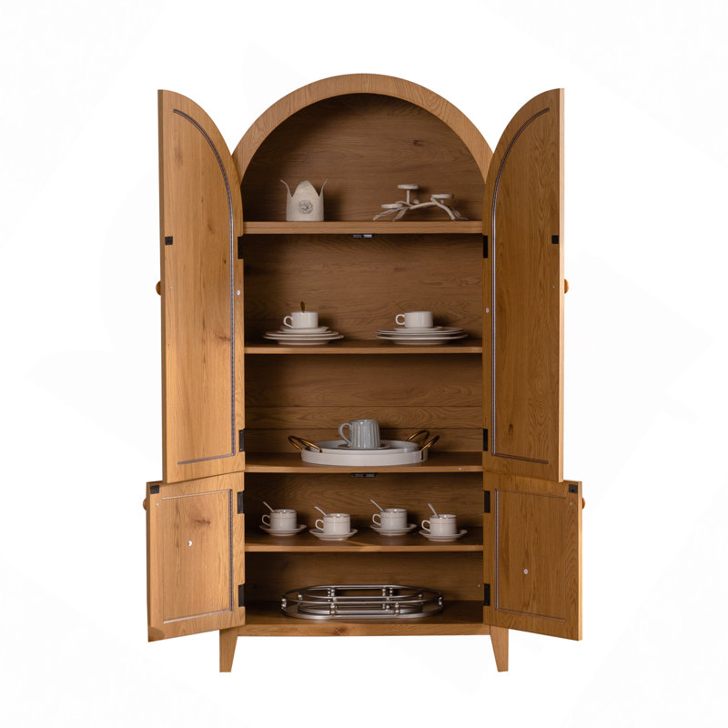 Arched Kitchen Pantry Cabinet 63.39" Tall Arched Bookcase Rattan Storage Cabinet with Doors Adjustable Shelves
