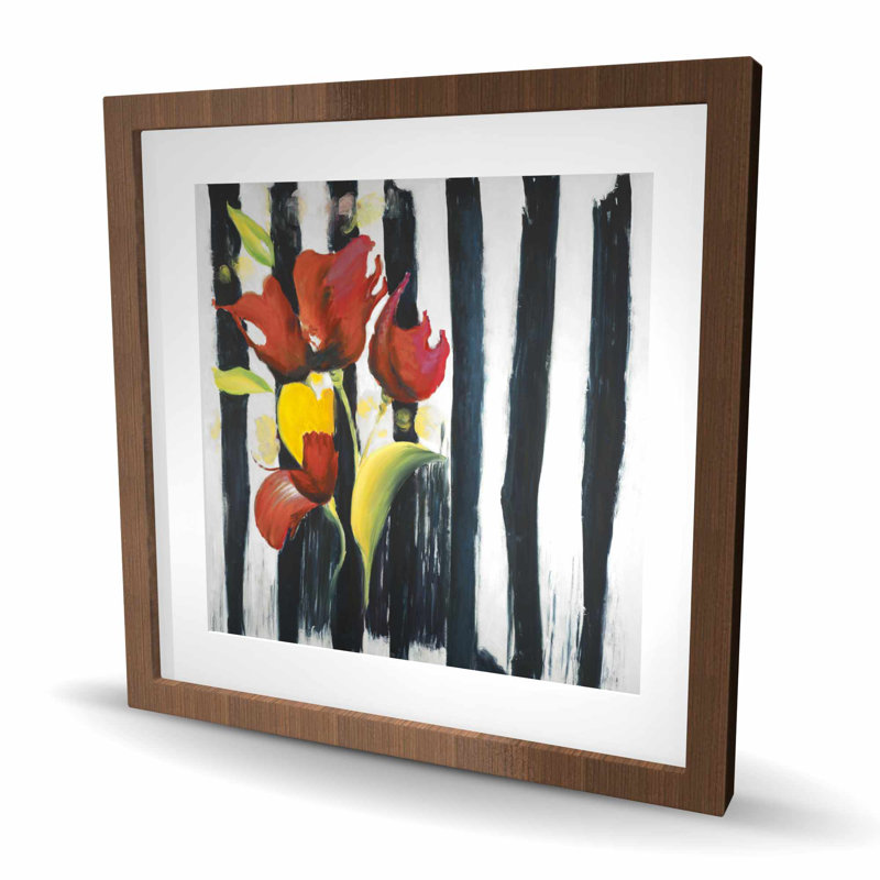 Fleurs rouges sur rayures - Reproduction encadrée de bureau contemporain