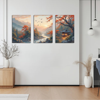 Autumn Mountain Landscape with Pagoda and River Canvas Wrapped Wall Art, Oil Painting Print (Set of 3)