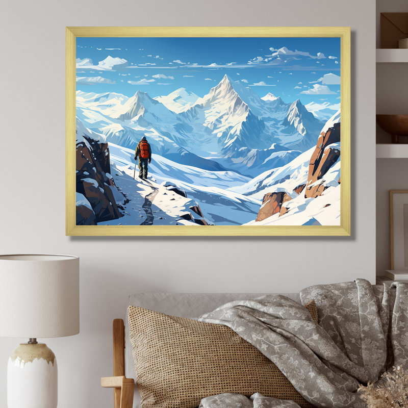 Randonnée, ski, montagne d'hiver - art mural, Cadre doré à coins fermés, H 12 po x l 20 po x P 1 po