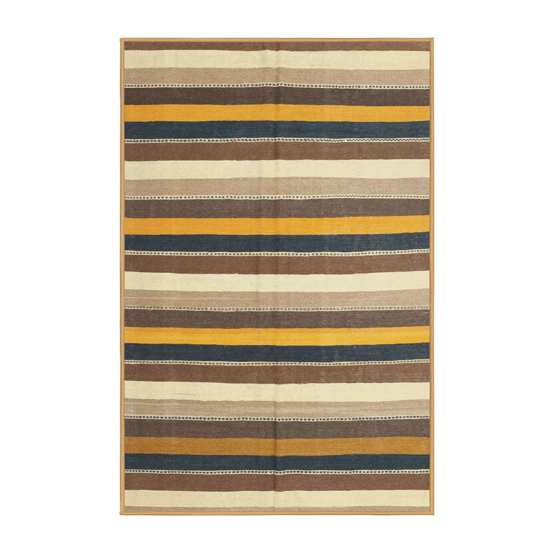 Tapis contemporain jaune / bleu / brun, Rectangle 3 pi x 5 pi