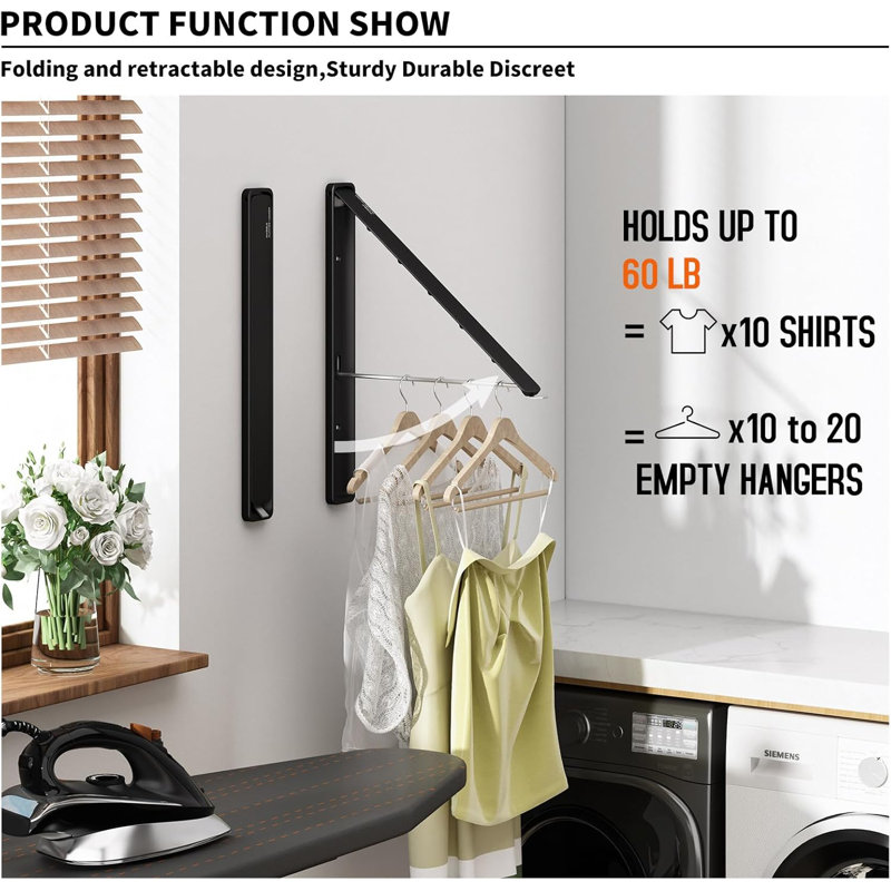 Retractable Clothes Drying Rack,Wall-Mounted Clothes Hanger Rack For Laundry Room,Laundry Drying Rack Wall Mount Space Saving Closet Organizer,Easy Installation Aluminium Dryer 1Pcs Black