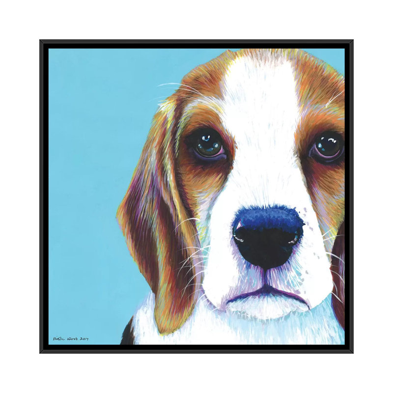 Beagle On Aqua, Square by Kirstin Wood - Painting on Canvas, Black Framed, 93.98 cm H x 93.98 cm W
