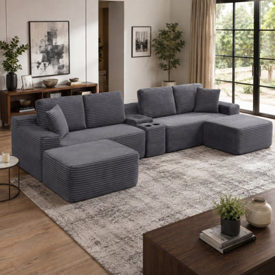 Canapé modulaire en forme de U 125 po avec 2 repose-pieds, siège à dossier profond en velours côtelé avec porte-gobelets, rangement et ports de chargement USB
