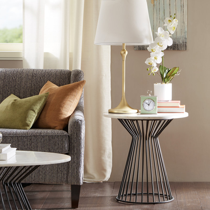 Elegant White Marble Top Round Accent Table with Black Metal Frame
