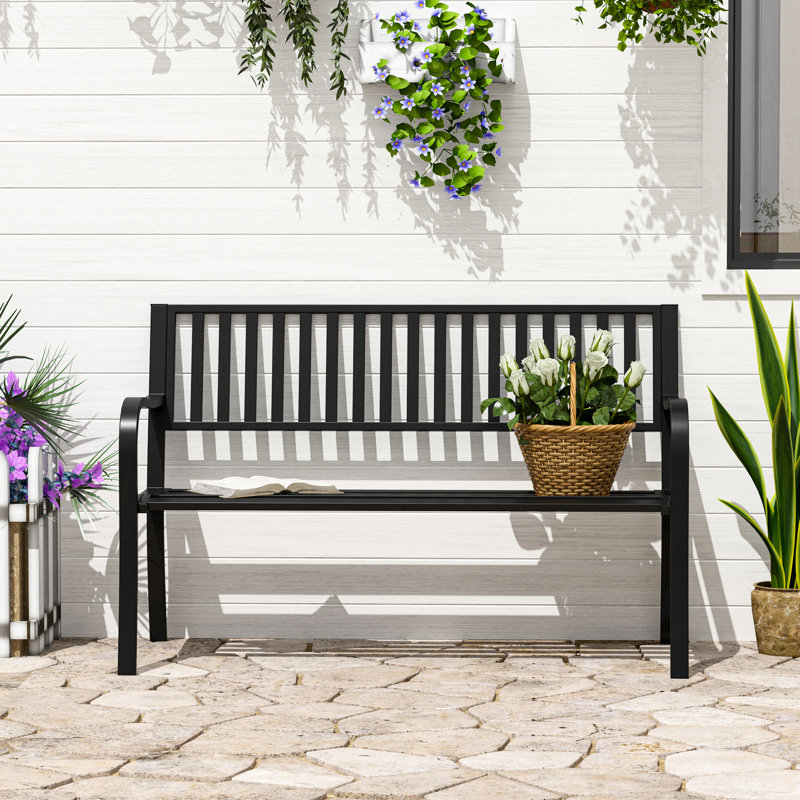 50" Outdoor Garden Seat Bench - Black Metal With Slatted Design. For Backyard, Poolside, Lawn. & . Ergonomic For 2. Easy To Clean. L X 23.5" W 32" H. Max Load 528Lbs. Assembly Required Bench, Garden,