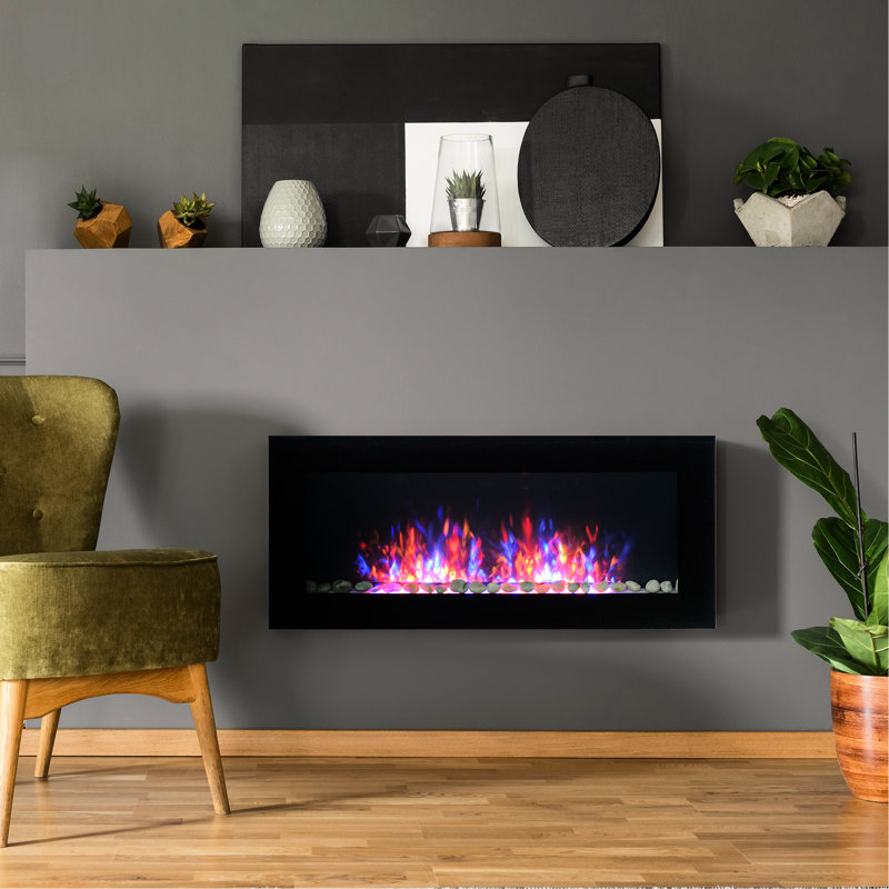 Foyer électrique 1500 W, 41,3 po noir, effet de flamme et 7 lumières de couleur, chauffe 161-400 pieds carrés. Support mural, effet 1500 W, chauffe