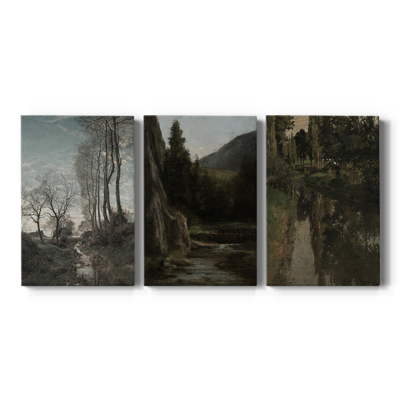 Paysage rétro CXLV - Toile tendue avec châssis sur mesure - 3 pièces, H 12 po x l 24 po