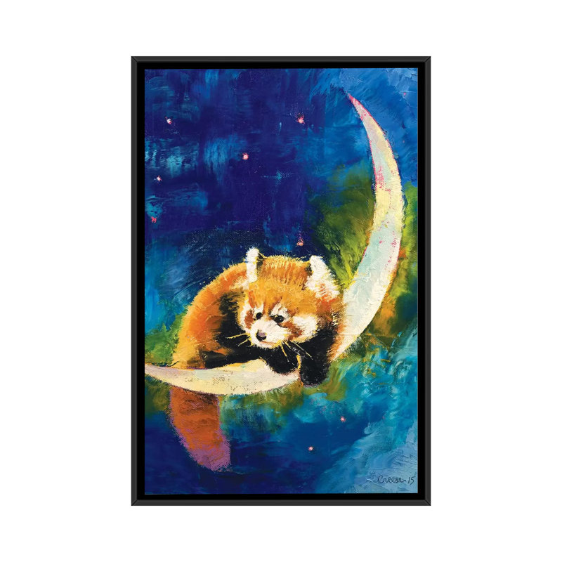 « red panda moon », peinture sur toile tendue, H 26 po x l 18 po x P 1,5 po, Toile avec cadre noir, Pas de tapis