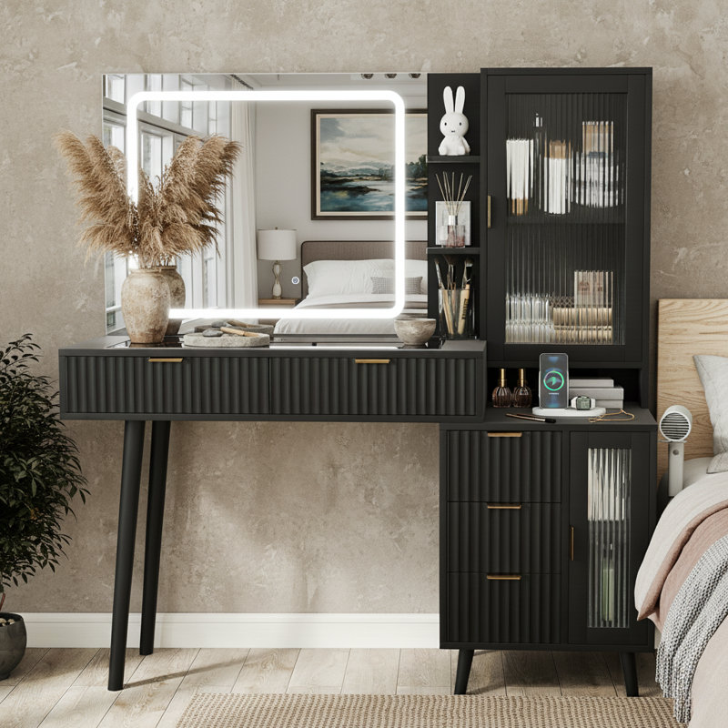49'' Black Vanity Desk With Lighted Mirror And Charging Station, Fluted Wood Makeup Table With Glass Top & 5 Drawer, Black