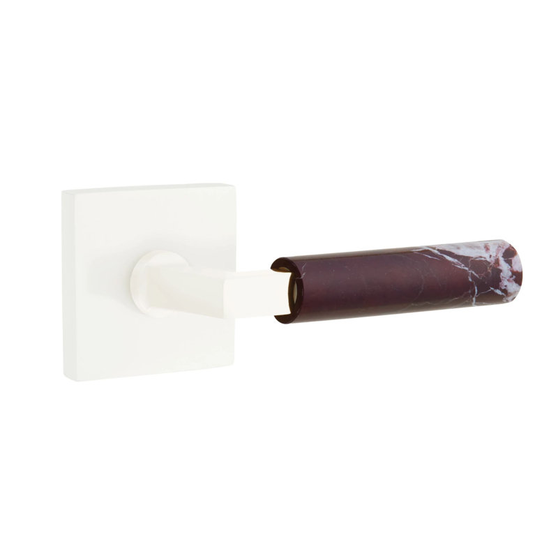 Emtek Select Dummy Leverset w/ Square Rosette & L-Square Stem, Rosso Levanto Marble Lever, Matte White
