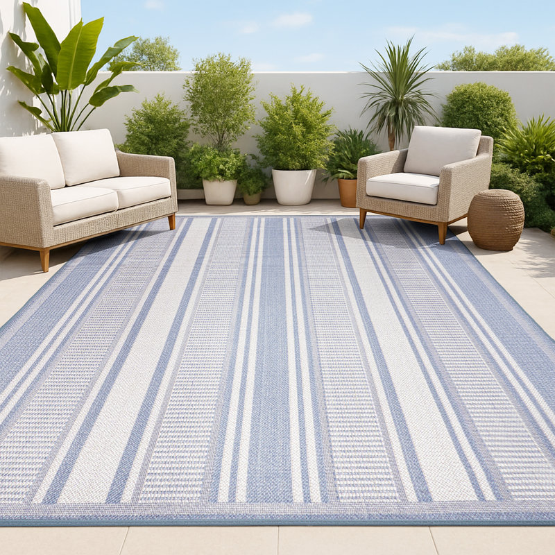 Cincotta Modern Double Stripe Blue/Light Gray Indoor/Outdoor Rug, Rectangle 2'11" x 5'