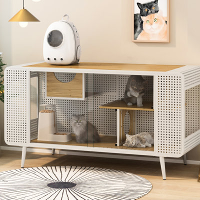 Maison pour chat en verre trempé, blanc - avec construction en bois de sapin ferme et structure en fer pour diverses pièces
