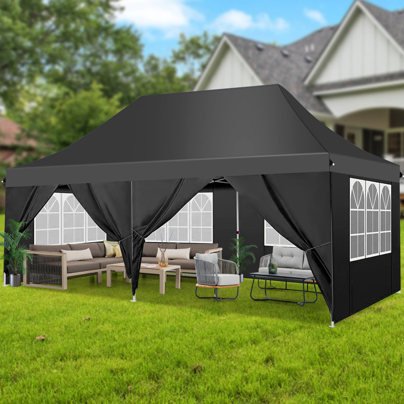 Auvent escamotable 10 pi x 20 pi avec 6 parois latérales amovibles, auvent extérieur instantané , Noir