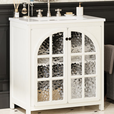 Meuble-lavabo de 31 po avec lavabo en céramique, cadre de porte saillant et espace de rangement spacieux pour salle de bain de style moyen de 31 po avec verre trempé épais