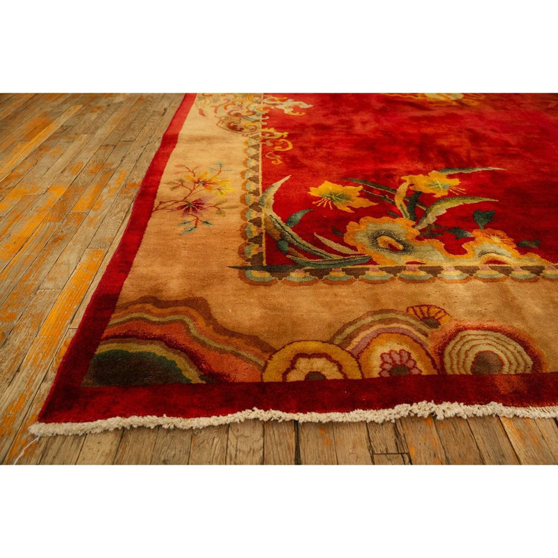 1920s Red Open Field 6Star Room Size Antique Chinese Knotted Wool Art Deco Rug