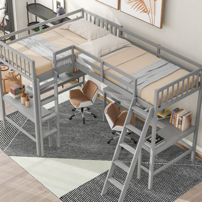 Lit mezzanine simple avec 2 bureaux intégrés en forme de L, bois gris - ajout de chambre à coucher